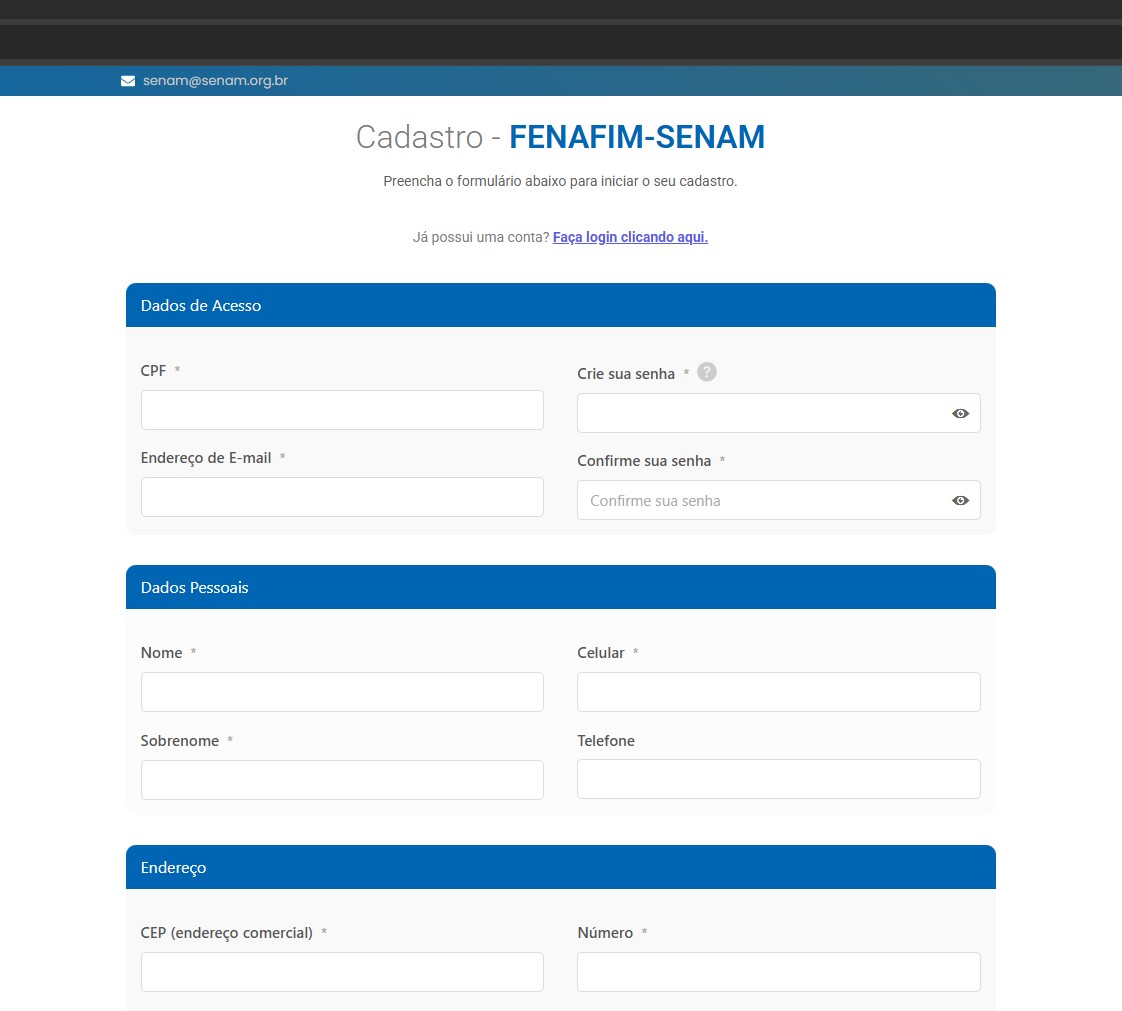 Tela de cadastro inicial do SENAM