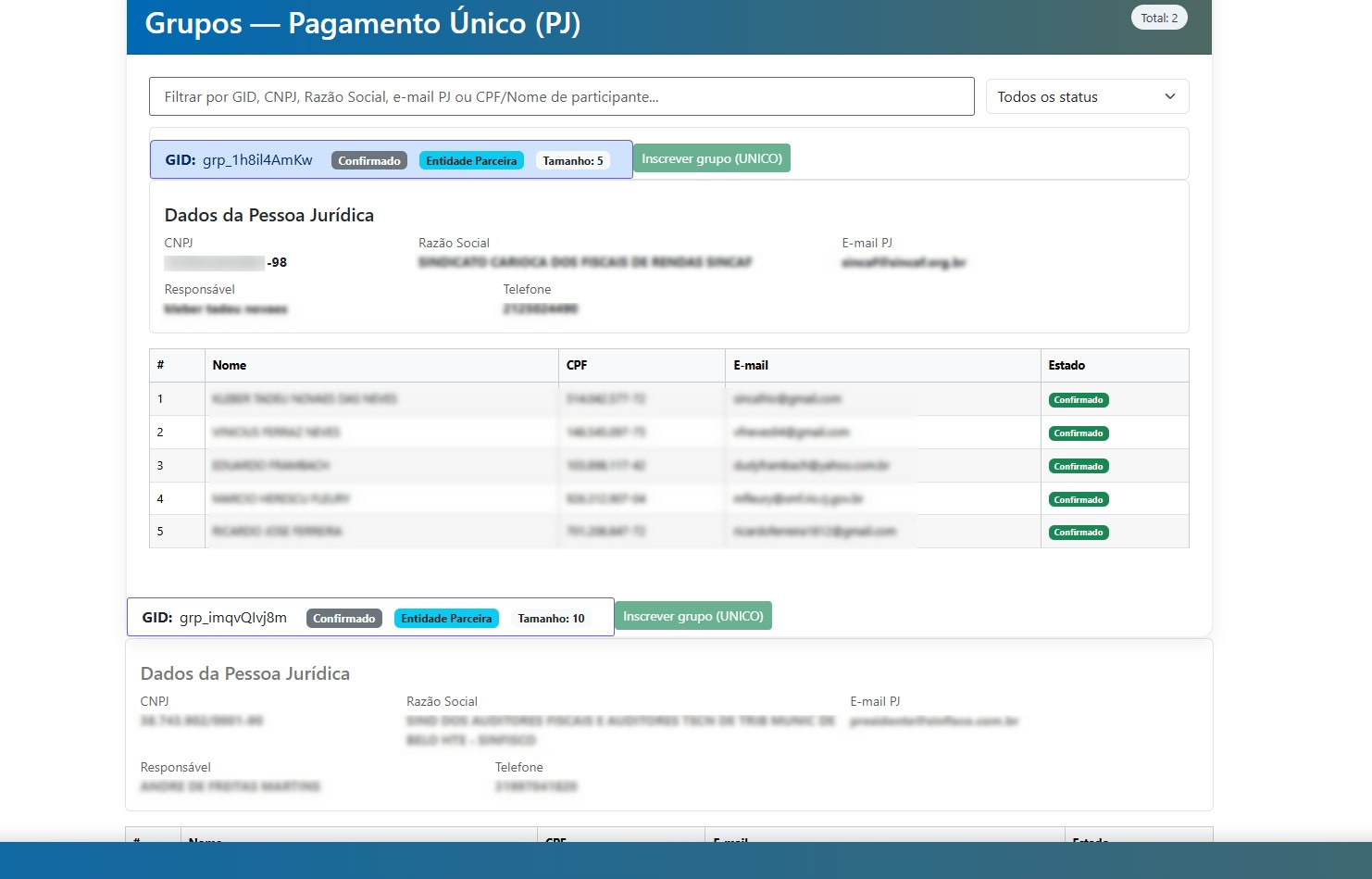 Tela administrativa de grupos com pagamento único PJ e revisão de dados
