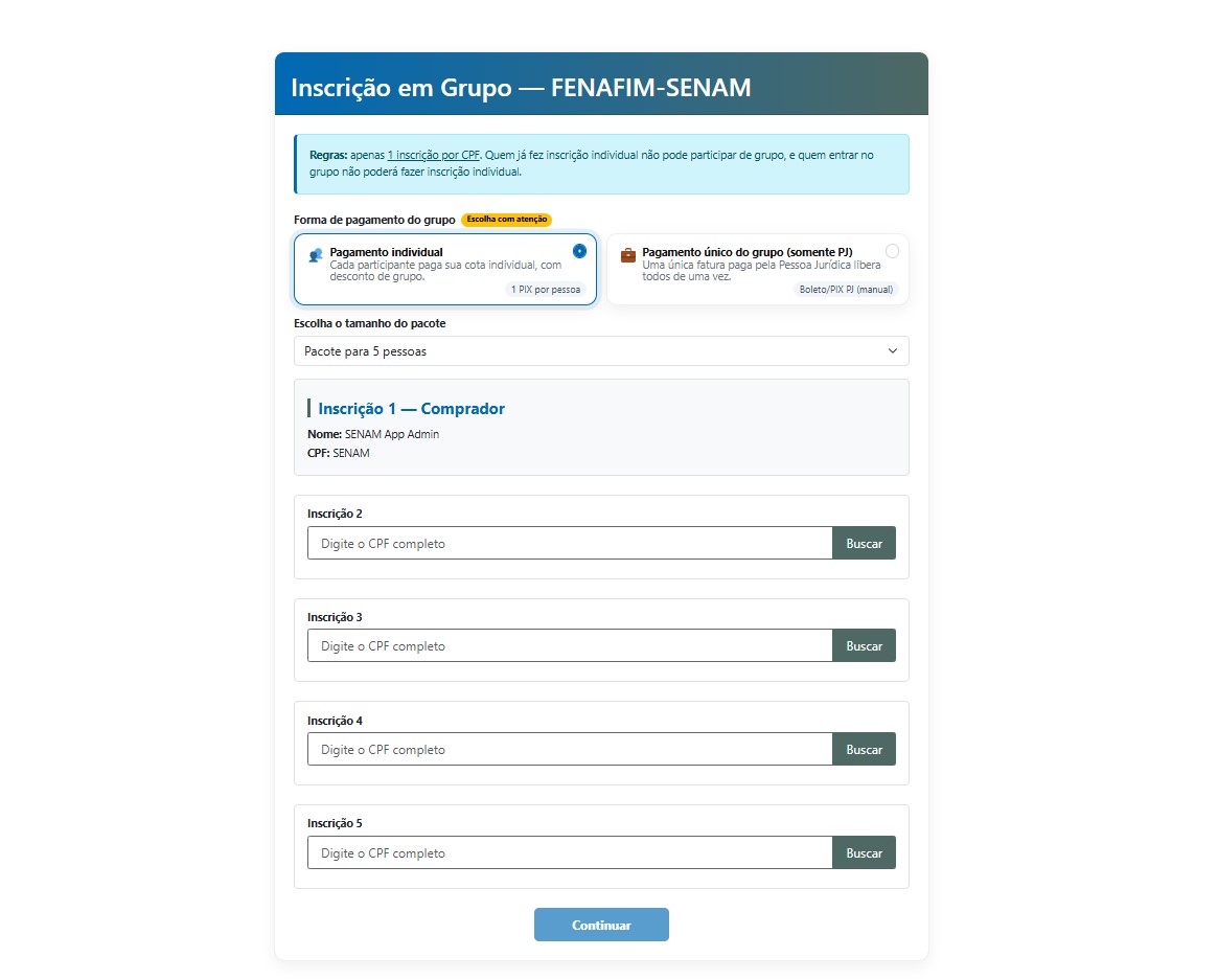 Tela de inscrição em grupo com desconto e pagamento individual por cota