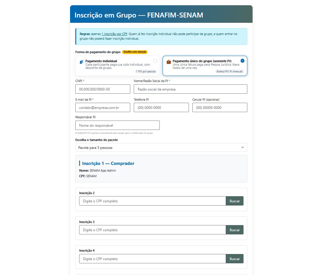 Inscrição em grupo com pagamento único PJ, sem API de pagamento e com confirmação do admin