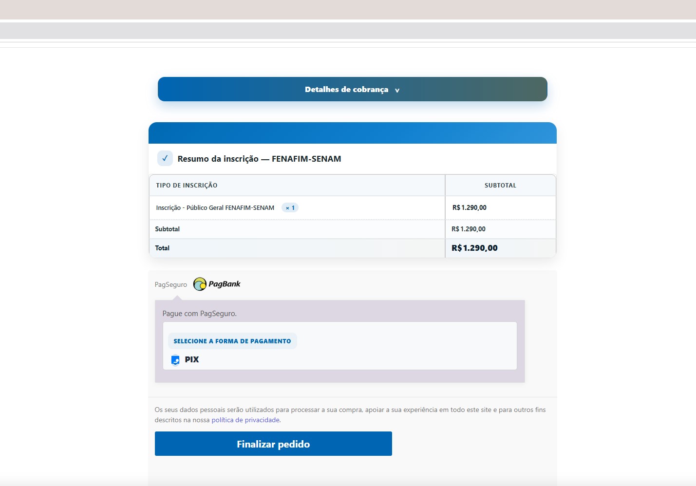Checkout padrão do WooCommerce para inscrição individual, com integração de pagamento