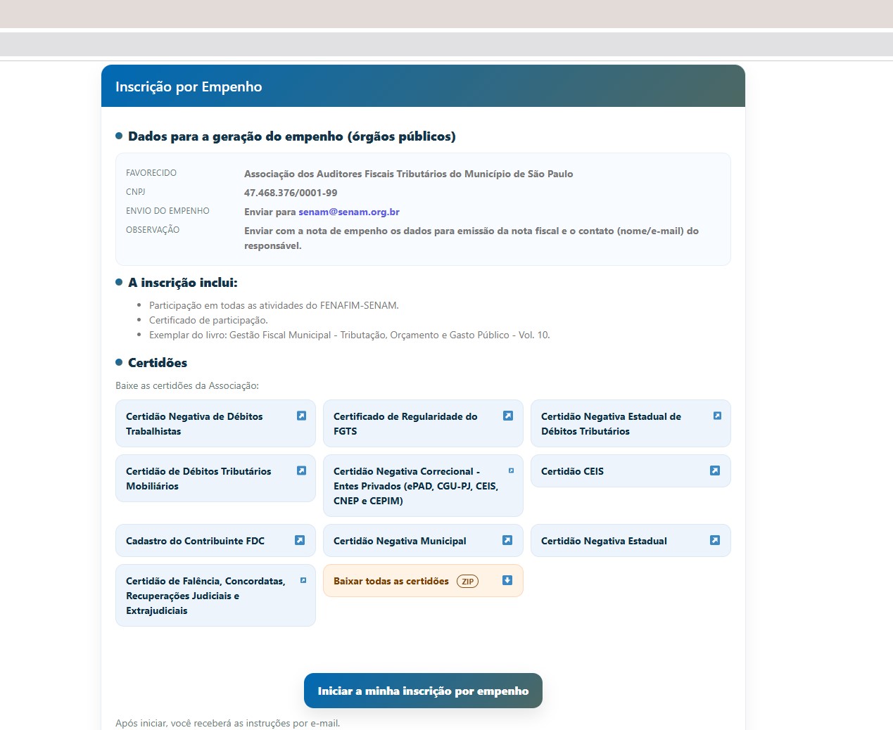 Tela de inscrição por empenho com instruções e botão de iniciar solicitação