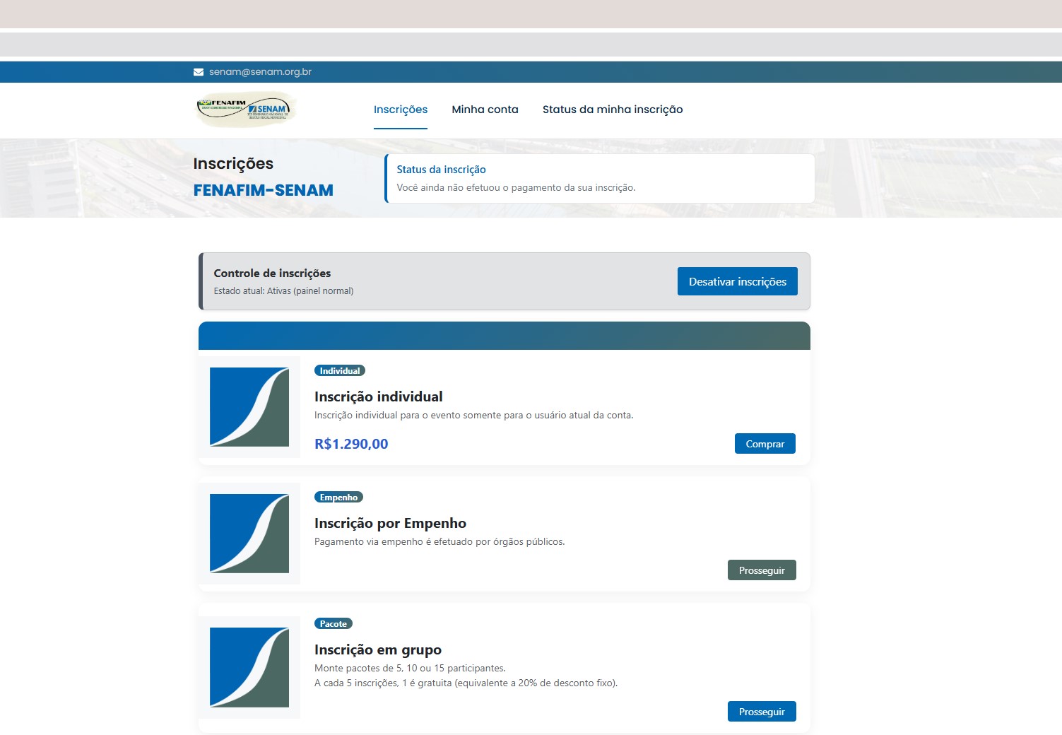 Tela de inscrições do SENAM com opções e controle administrativo