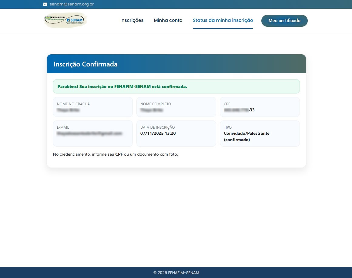 Tela de inscrição confirmada com dados do participante e tipo (participante/palestrante)