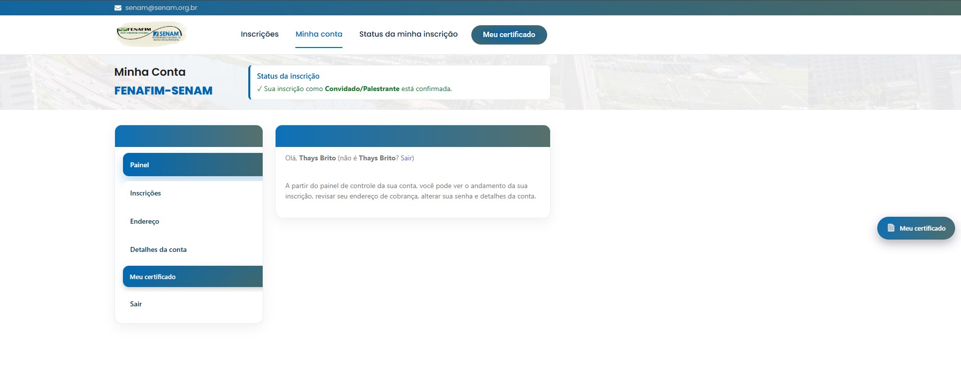 Tela de usuário logado (Minha Conta) com alertas e atalho do certificado