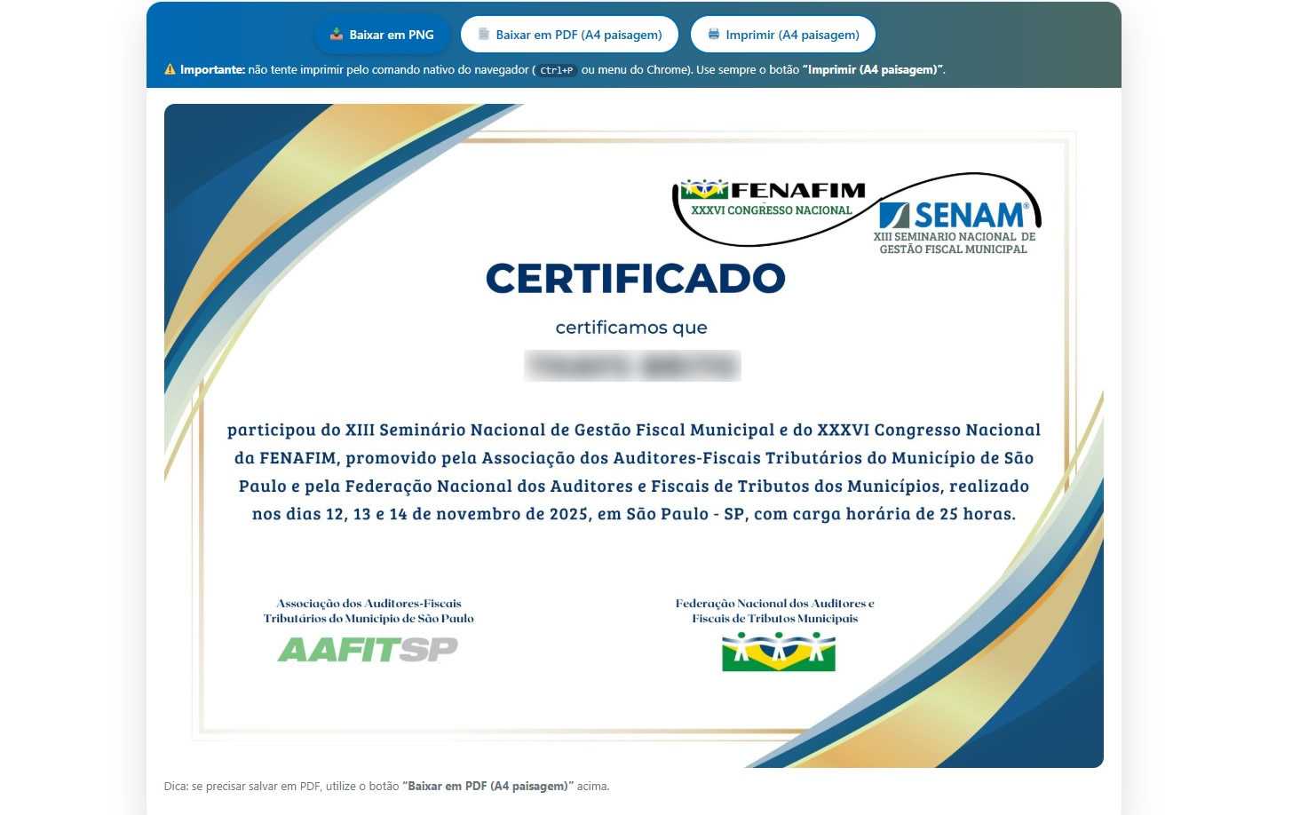 Tela onde o usuário baixa ou imprime o certificado após o evento
